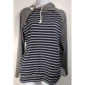 Ampersand Ave‎ Striped Hoodie Navy Gray Women’s M Pockets